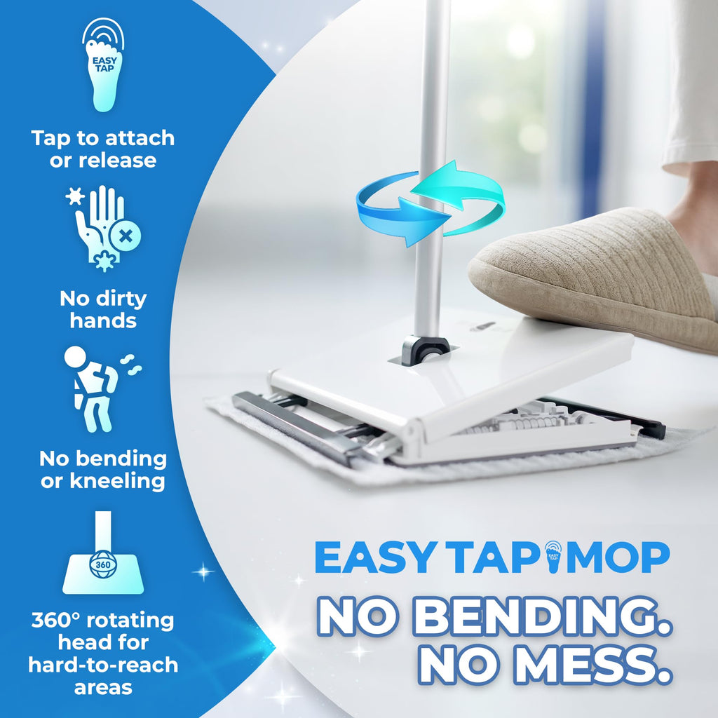 EASY TAP MOP Hands-Free Flat Floor Mop & Sweeper - Foot-Tap Lock System Compatible with Most Pads - 360 Swivel & Adjustable Aluminum Handle - Includes Baking Soda Wet Wipes & 3D Microfiber Cloth