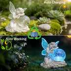 RATUEJIA Solar Fairy Garden Statue, Outdoor Waterproof Resin Fairy Figurine Lights with Cracked Glass Ball, Fairy Garden Decor for Yard Patio Lawn, Ideal Gift for Women & Garden Lovers
