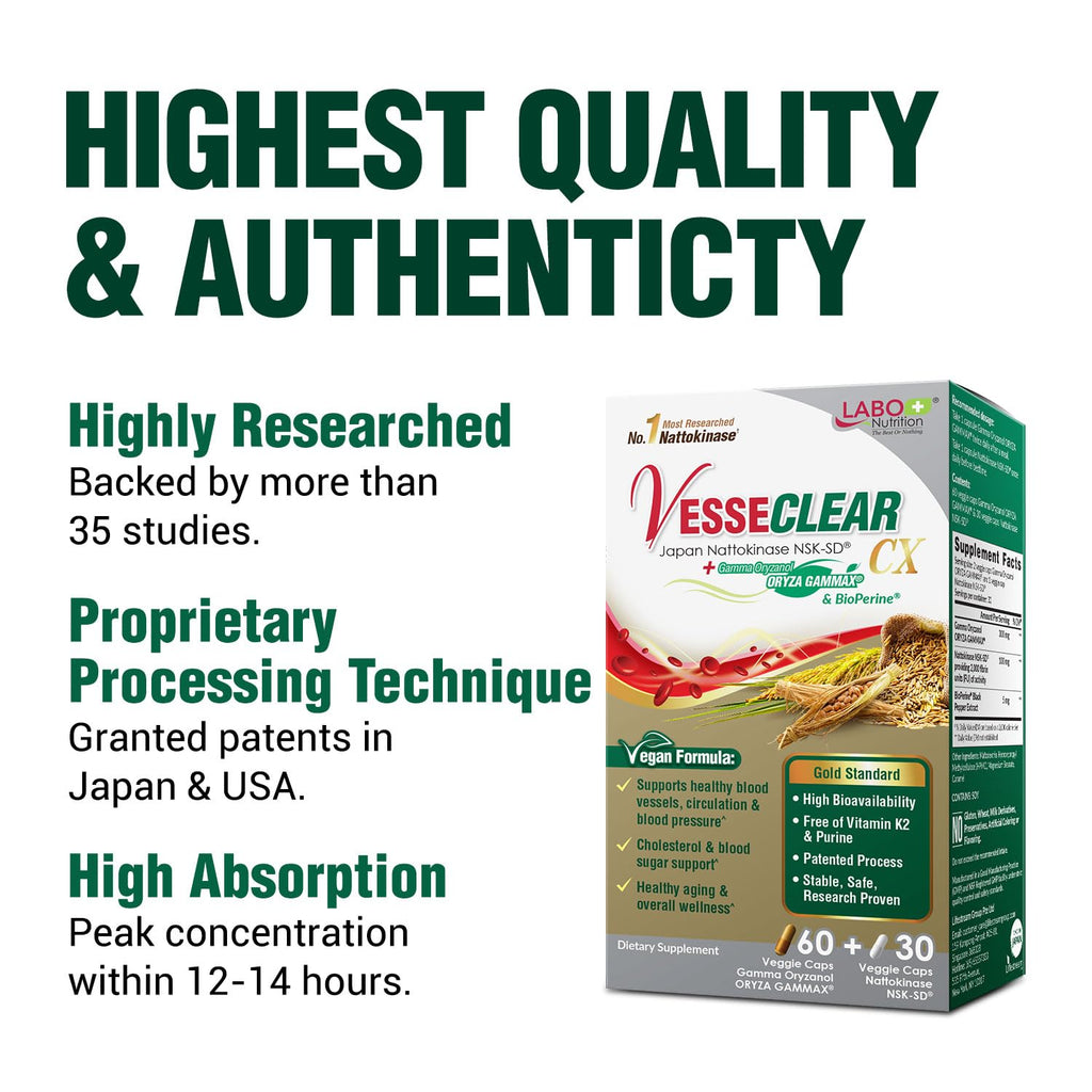 LABO Nutrition VesseCLEAR CX Nattokinase NSK-SD with Gamma Oryzanol — Daily Supplement for Healthy Blood Circulation and Cardiovascular Support — 90 Vegan DRcaps