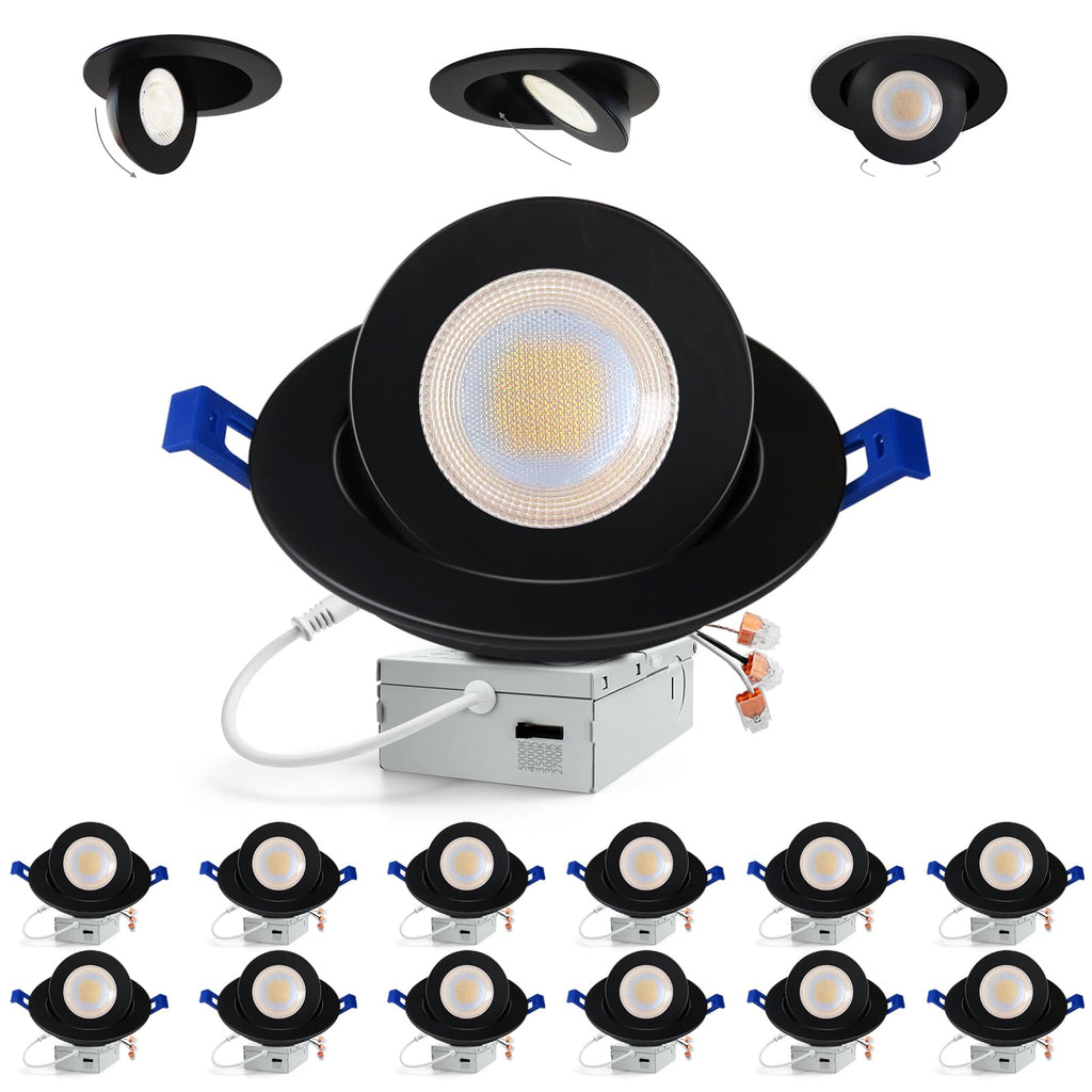 Adetu Recessed Lighting 6 inch, 360°+90° Adjustable Directional 6 inch 5CCT Gimbal Black Led Recessed Lighting, 2700K-5000K Dimmable Retrofit Eyeball Can Recessed Lights with Jbox, ET（Black-12 Pack）