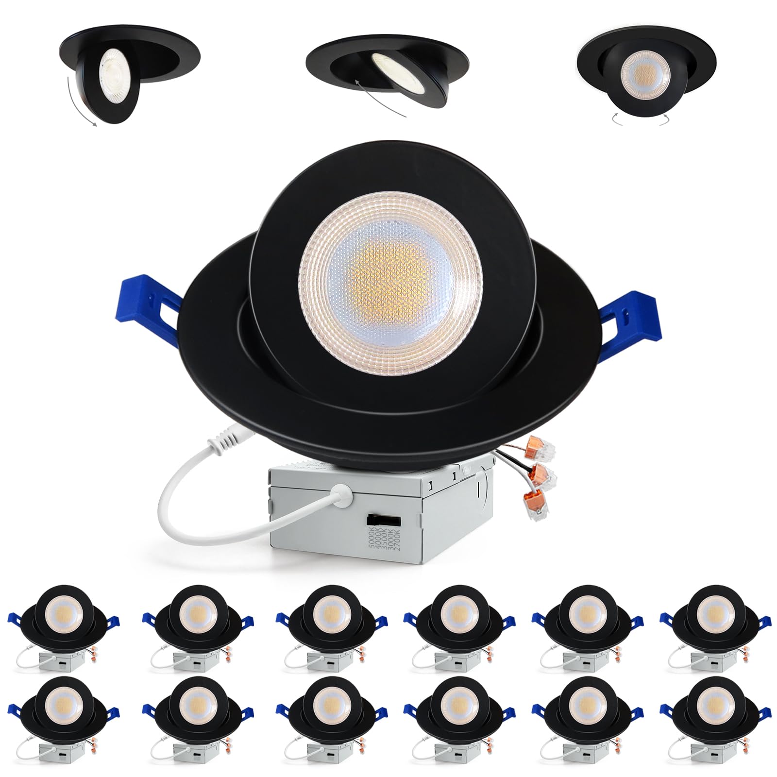 Adetu Recessed Lighting 6 inch, 360°+90° Adjustable Directional 6 inch 5CCT Gimbal Black Led Recessed Lighting, 2700K-5000K Dimmable Retrofit Eyeball Can Recessed Lights with Jbox, ET（Black-12 Pack）