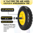 4.80/4.00-8 Solid Wheelbarrow Tire and Wheel 16" Flat-Free Tire with 3" Centered Hub 5/8" & 3/4" Bearings Fits Garden Cart, Hand Truck, Wagon,Trolleys and Trailers