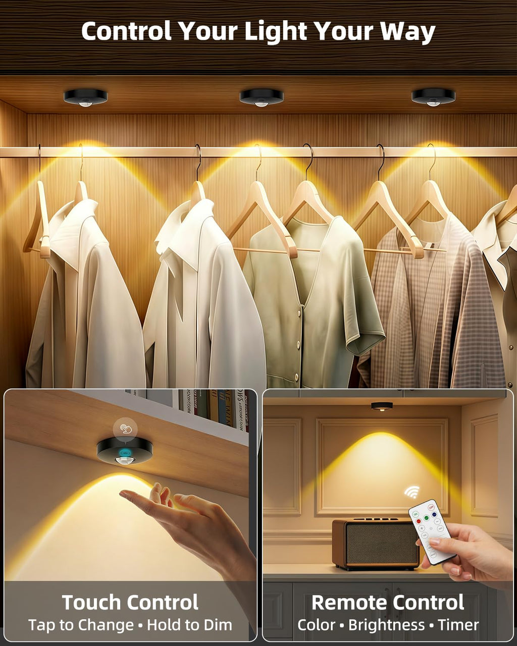 Aokpsrt Rechargeable Puck Lights With Remote Control, 1500mAh Battery Operated Tap Lights, Dimmer & Timer Under Cabinet, Wireless LED Stick-On for Closet, Bedroom, Kitchen - Black 3Pcs