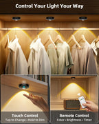 Aokpsrt Rechargeable Puck Lights With Remote Control, 1500mAh Battery Operated Tap Lights, Dimmer & Timer Under Cabinet, Wireless LED Stick-On for Closet, Bedroom, Kitchen - Black 3Pcs