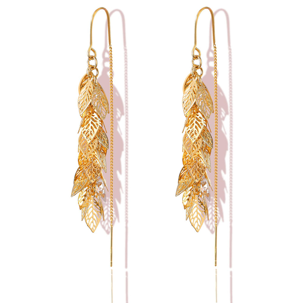 ZioNNyxviana 14K Gold Plated Leaf Threader Crystal Earrings for Women, Long Tassel Elegant Dangle Drop Earrings for Weddings, Galas, and Formal Events, Hypoallergenic Lightweight Jewelry Idea Gift(Gold)