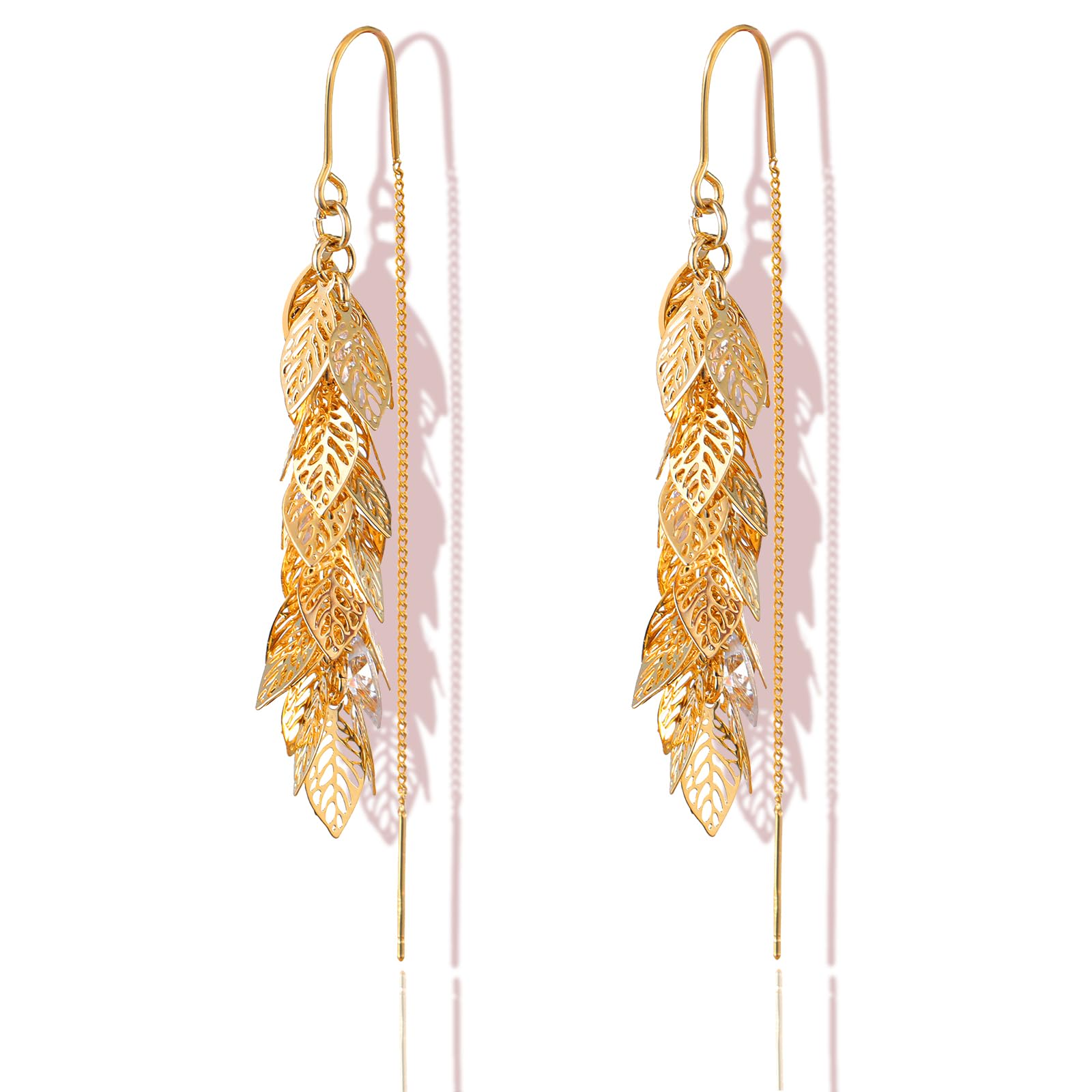ZioNNyxviana 14K Gold Plated Leaf Threader Crystal Earrings for Women, Long Tassel Elegant Dangle Drop Earrings for Weddings, Galas, and Formal Events, Hypoallergenic Lightweight Jewelry Idea Gift(Gold)