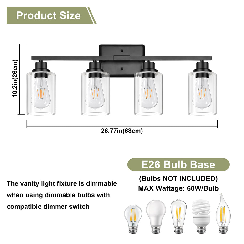 Unicozin Modern Bathroom Light Fixtures, 4 Light Vanity Lights Over Mirror, Black Wall Lamp with Clear Glass for Living Room Cabinet Bedroom Porch
