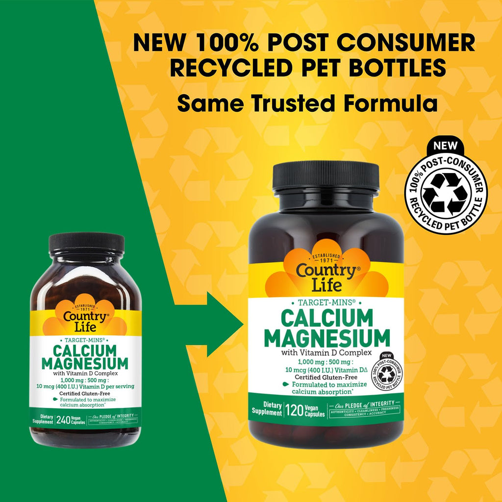 Country Life Target-Mins Calcium Magnesium with Vitamin D-Complex, 1000mg/500mg/10mcg, 240 Vegan Capsules, Certified Gluten Free, Certified Vegan
