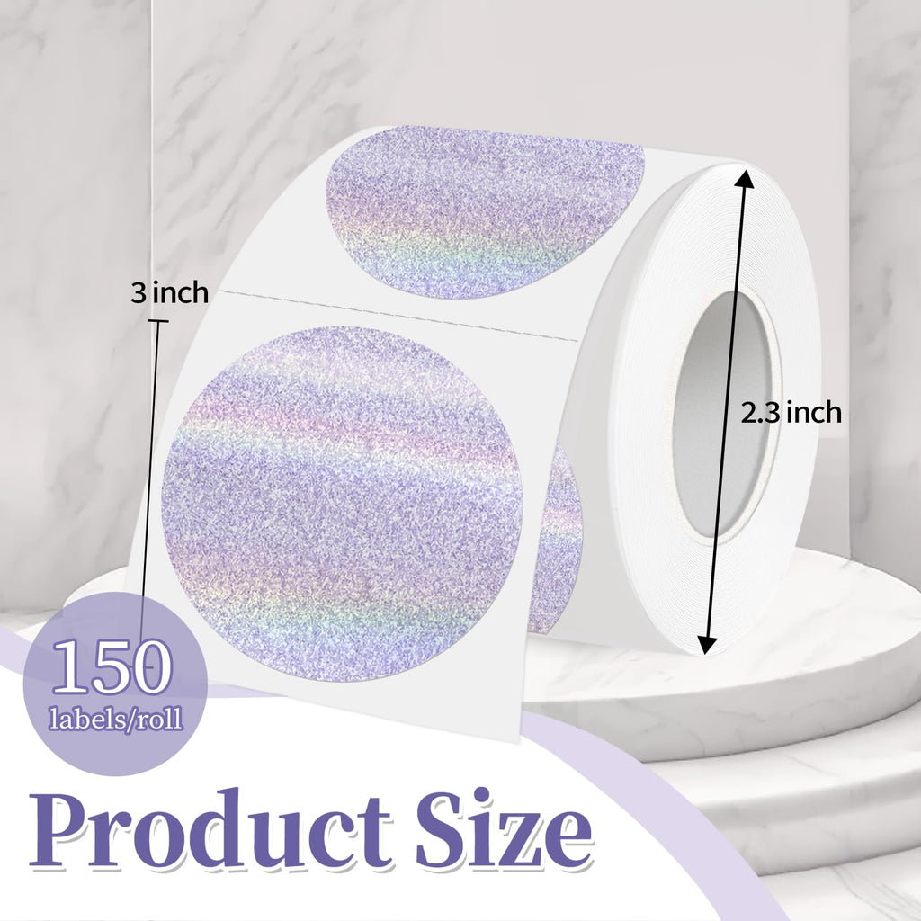WANGHENG 3 Inch Holographic Thermal Labels,Round Thermal Printer Labels,Waterproof Thermal Printer Stickers for DIY Logo Design,Name Tag,QR Code,Thanks Card 150 Labels/Roll (Purple dots)