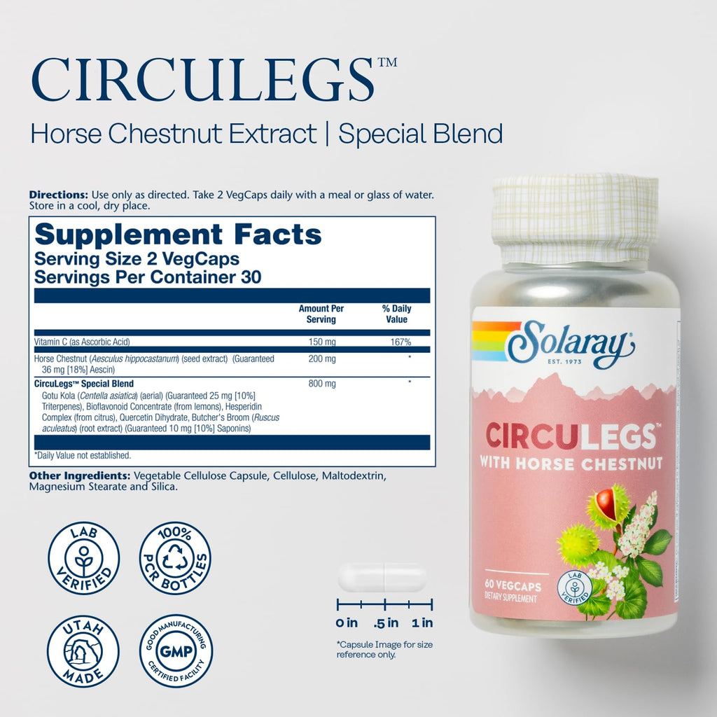 SOLARAY Circulegs - Herbal Supplements for Wellness Support w/Horse Chestnut Extract and Vitamin C, Plus Gotu Kola, Flavonoids, Hesperidin Blend - Vegan, Gluten Free, 60-Day Guarantee - 30 Servings