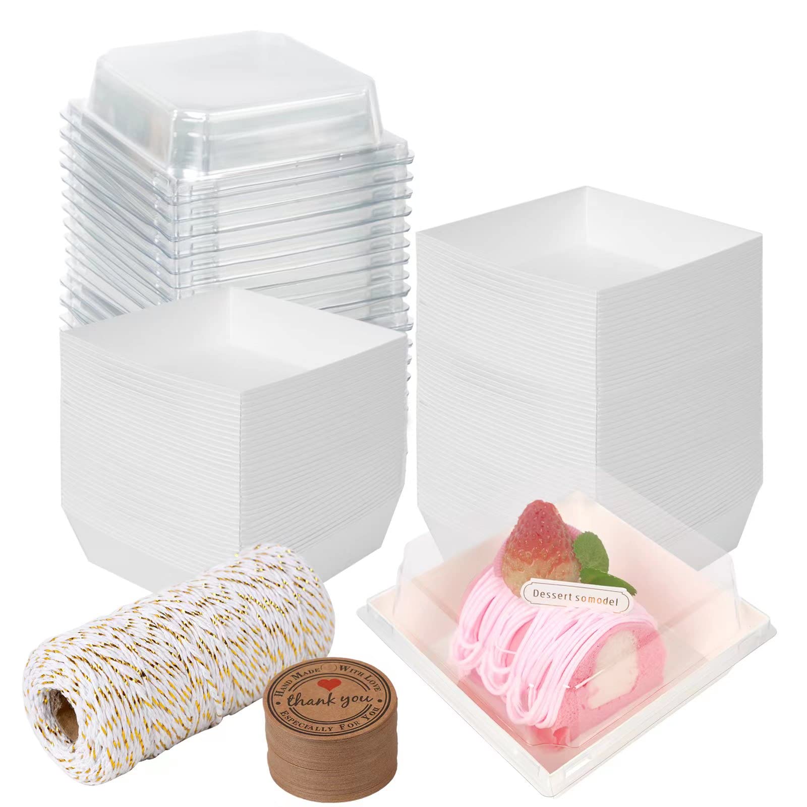 Kosotody 50 Pack Charcuterie Boxes with Clear Lids, 4 Inches White Oil-Proof Kraft Paper Food Containers Bakery Boxes for Sandwich, Cookies, Hot Cocoa, Cupcakes and Strawberries(White)