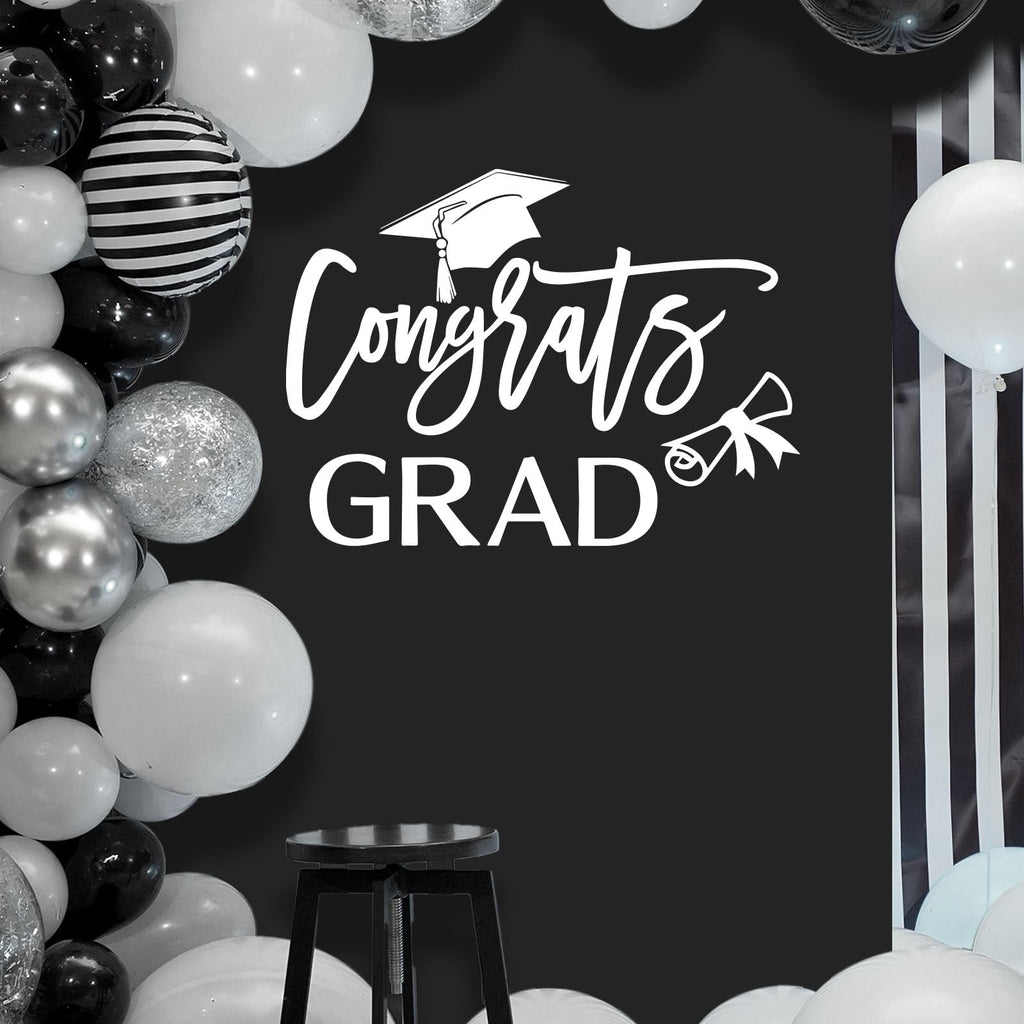Congrats Grad Decal Sign for Balloon Arch - Graduation Decar for Grad Party, Class of 2026 Grad Party Graduation Event Planner Vinyl Decal (White)