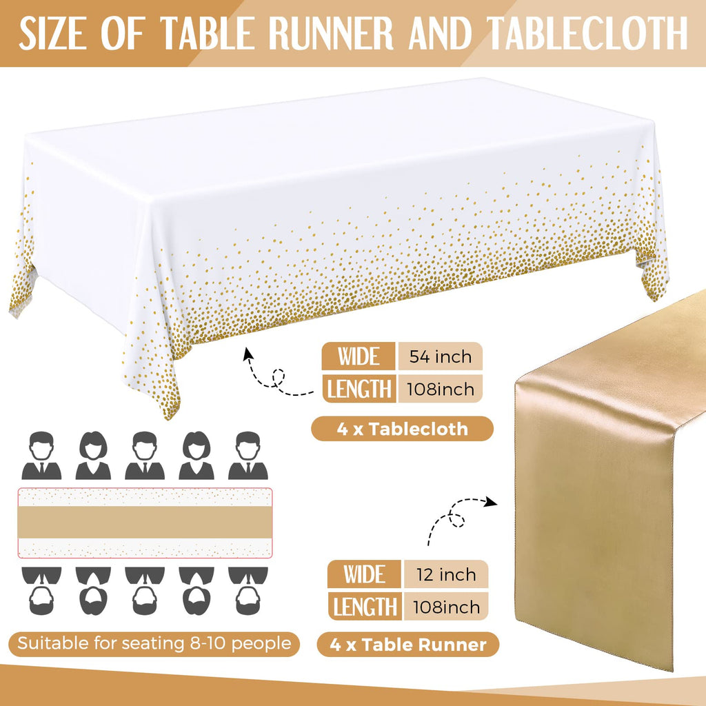 Breling 8 Pack White and Gold Tablecloths and Satin Runners Set