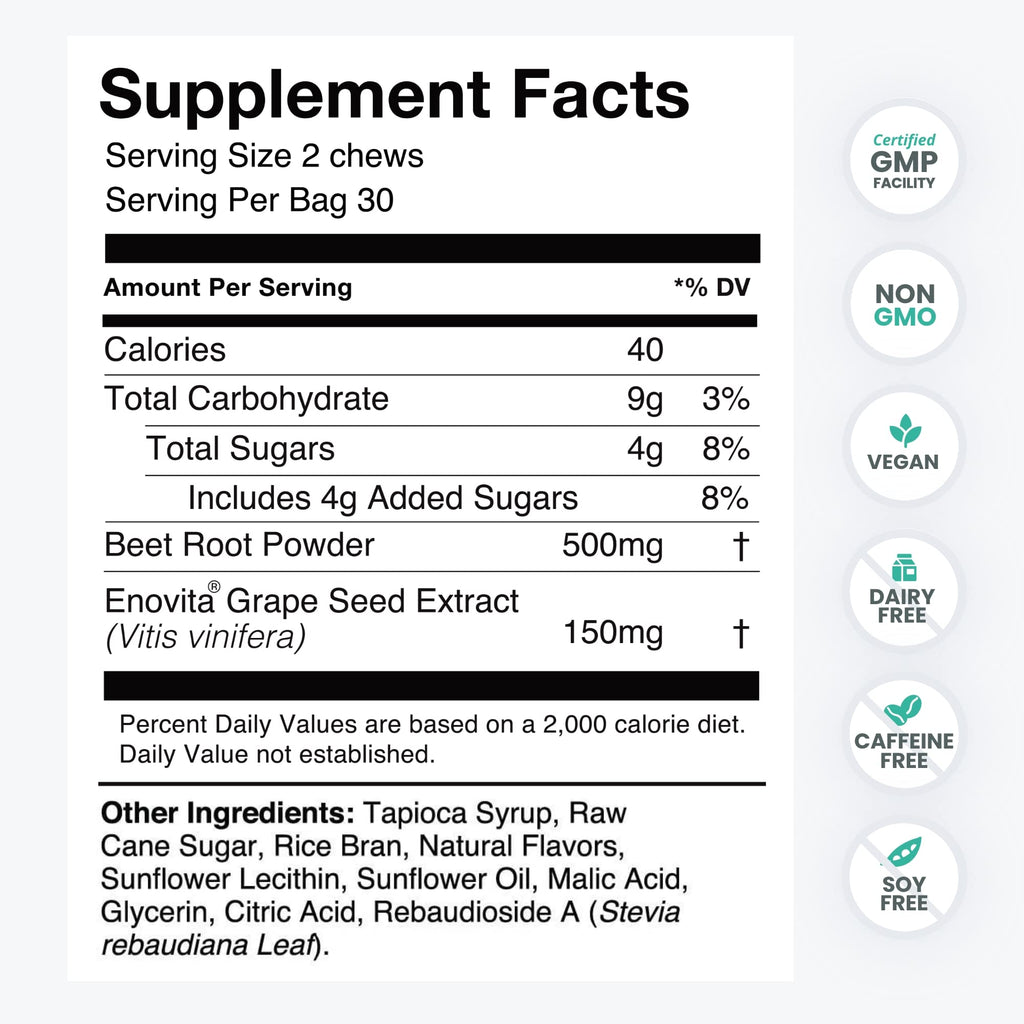 Humann SuperBeets Heart Chews - Nitric Oxide Production Support - Grape Seed Extract & Non-GMO Beet Energy Chew - Pomegranate Berry Flavor - 120 Count (Total)