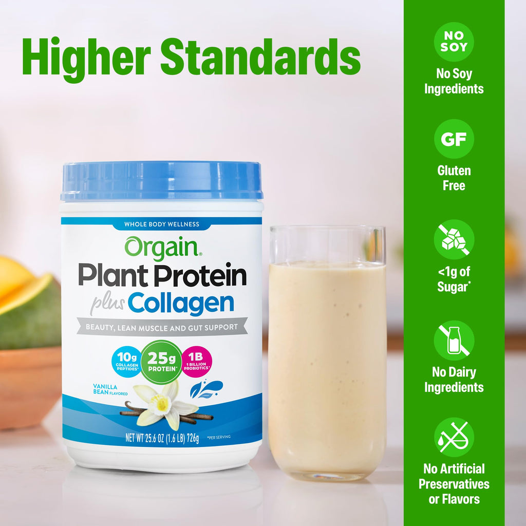 Orgain Protein Powder + Collagen, Vanilla Bean - 25g of Protein, 10g Collagen Peptides, Type I & III, 1B CFU Probiotics, Supports Hair, Skin, Nail, Joint & Gut Health, Gluten Free - 1.6lb