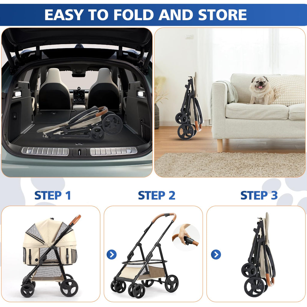 4 Wheels Pet Stroller for Small/Medium Dogs and Cats,Dog Stroller with Detachable Carrier and Storage Basket,One Click Folding,Compact Portable,Up to 50lbs,3 in1 Multifunctional(Khaki)