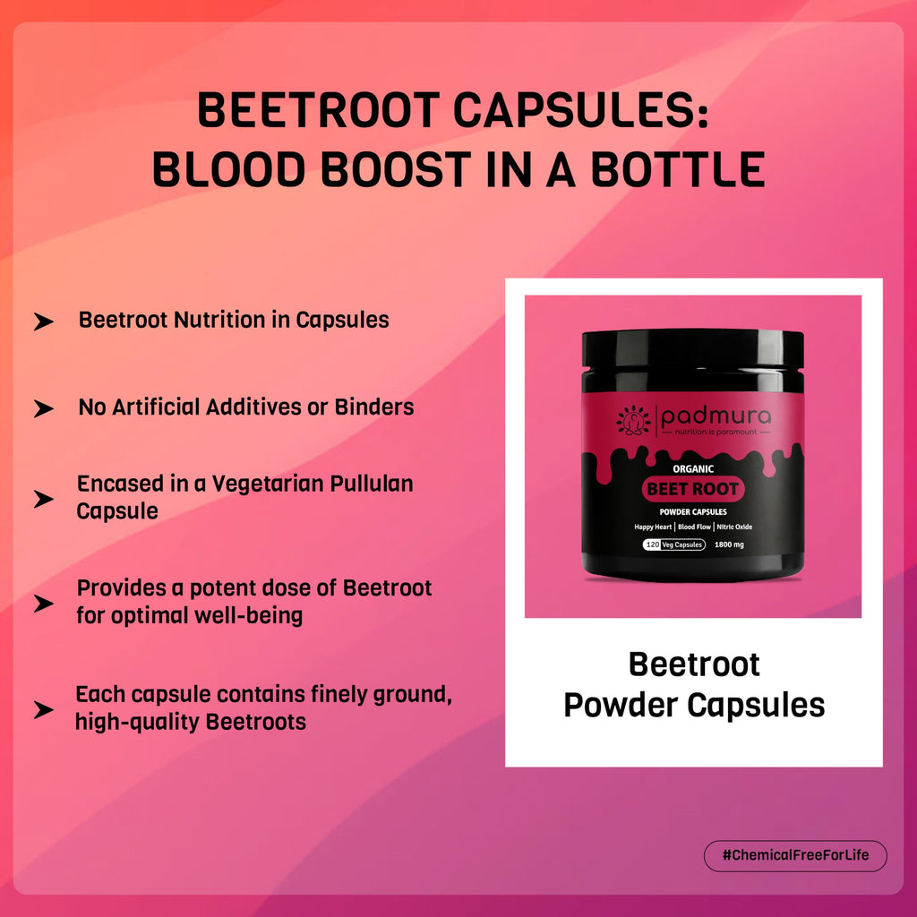 PADMURA Organic Beet Root Powder Capsules 1800mg - Healthy Blood Pressure & Happy Heart | USDA Organic Certified | Non GMO | Gluten Free | Vegan - 120 Veg Capsules