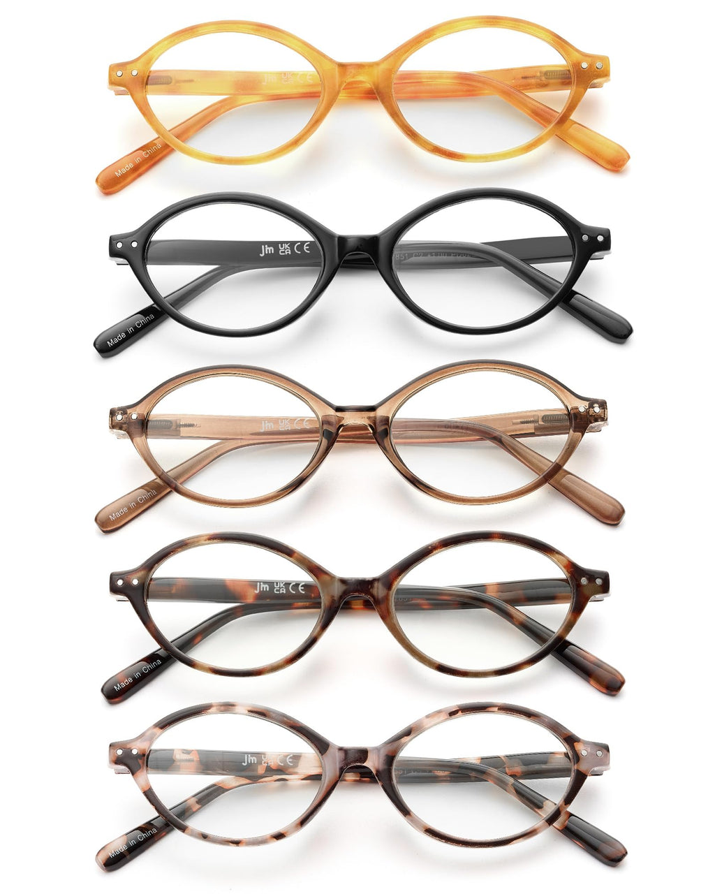 JM 5 Pack Oval Reading Glasses for Women, Trendy Blue Light Blocking Computer Readers with Spring Hinges +1.5