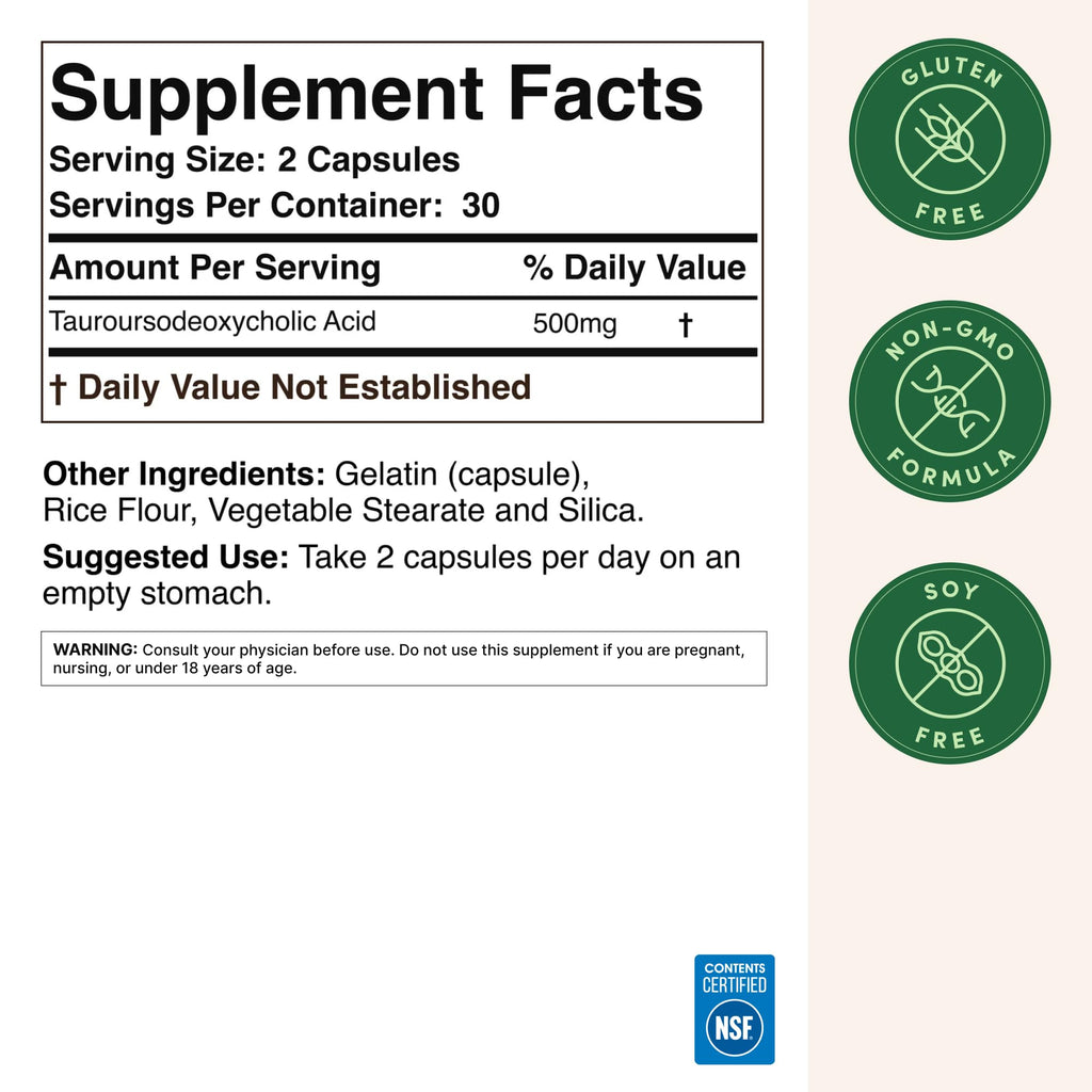 TUDCA Bile Salts, 250mg Capsule, Tauroursodeoxycholic Acid, 60 Capsules