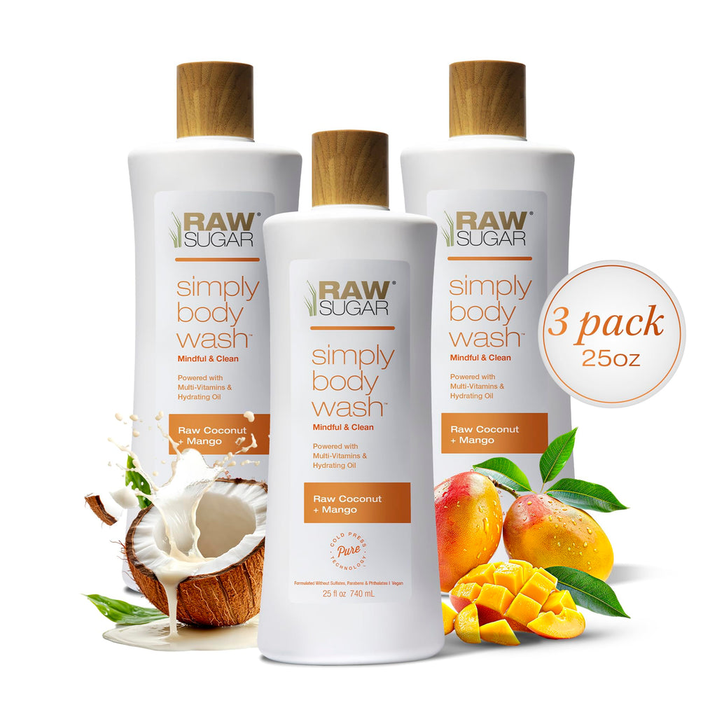 RAW SUGAR Coconut Mango Glow Gentle & Hydrating Body Wash, 20 Fl Oz (Pack of 3), Moisturizing & Brightening Bath & Shower Gel, Vegan, Formulated without SLS/SLES & Parabens