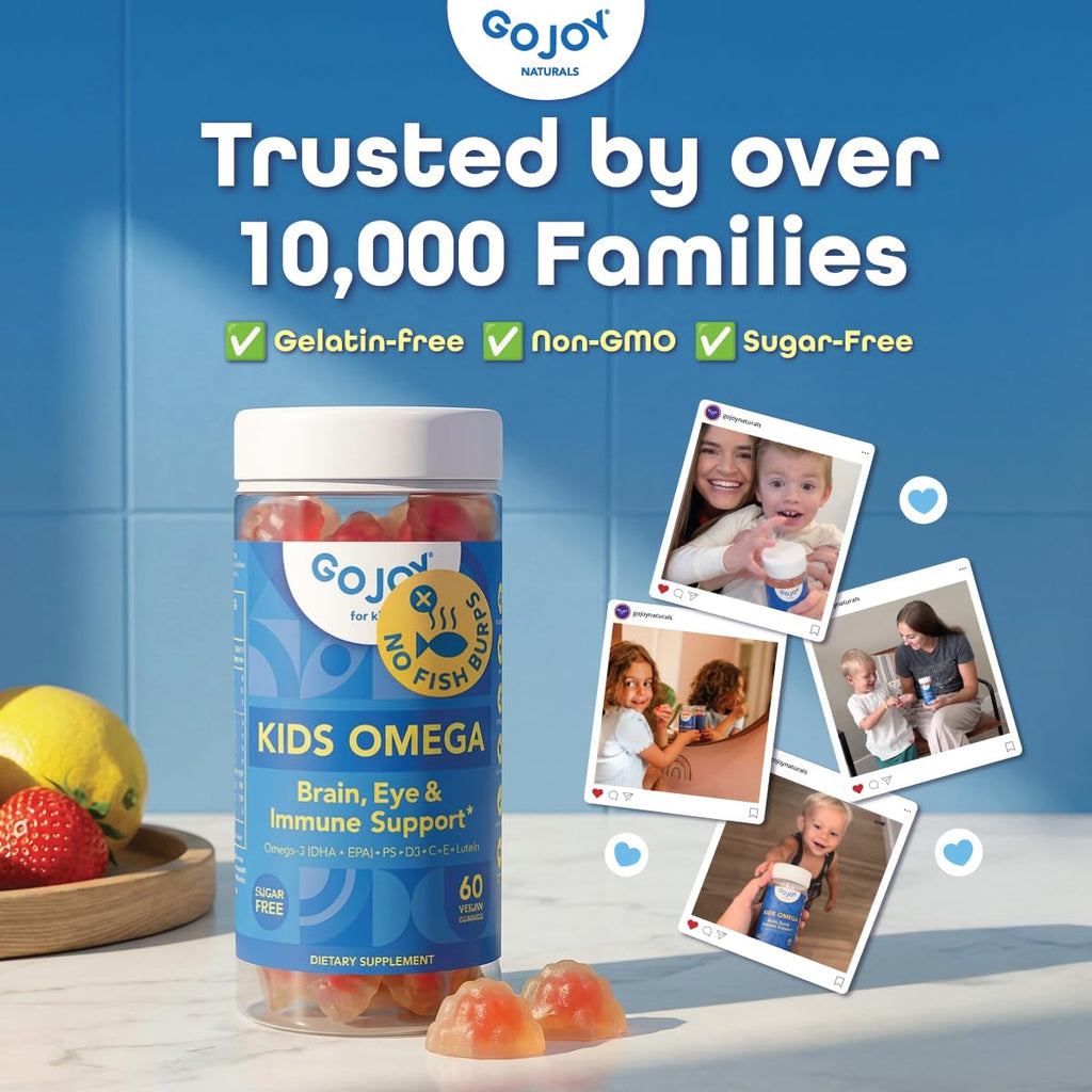 GOJOY Kids Omega 3 DHA Gummies – No Fish Burps, No Sugar – Brain, Eye & Immune Support – Plant-Based Omega-3 from Algae – Vegan, Clean DHA for Toddlers, Children & Kids Ages 3+
