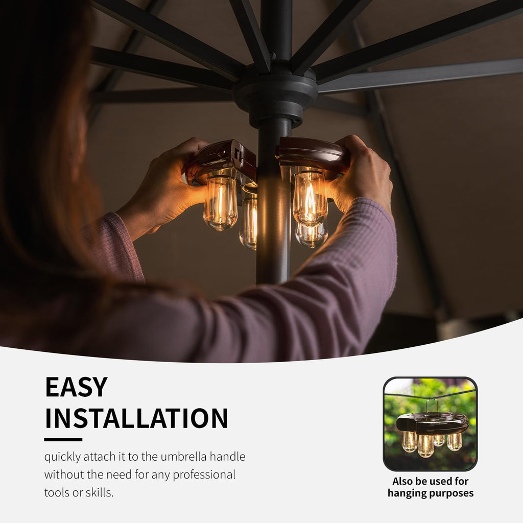 NORA·GIFT Patio 2 Packs Umbrella Light with LED Edison Bulbs, Battery Operation Cordless-Outdoor Umbrella Pole Lights with 2 Lighting Modes for Garden，Patio, Backyard, Camping or BBQ - Brown