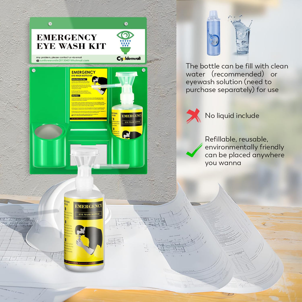 CGOLDENWALL Eye Wash Station Portable Emergency Eye Wash Kit, Wall Mounted Eyewash Station OSHA Approved, 2 * 16.9oz Bottles, with Mirror & Emergency Sign, Safety Material, NO Solution