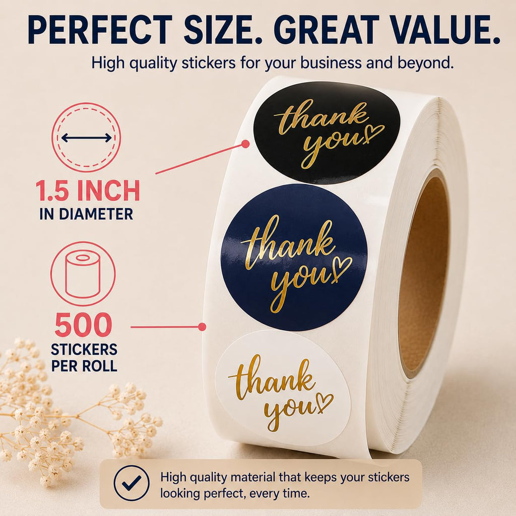 500 PCS Thank You Sticker Labels Roll, 1.5 Inch Round Gold Foil