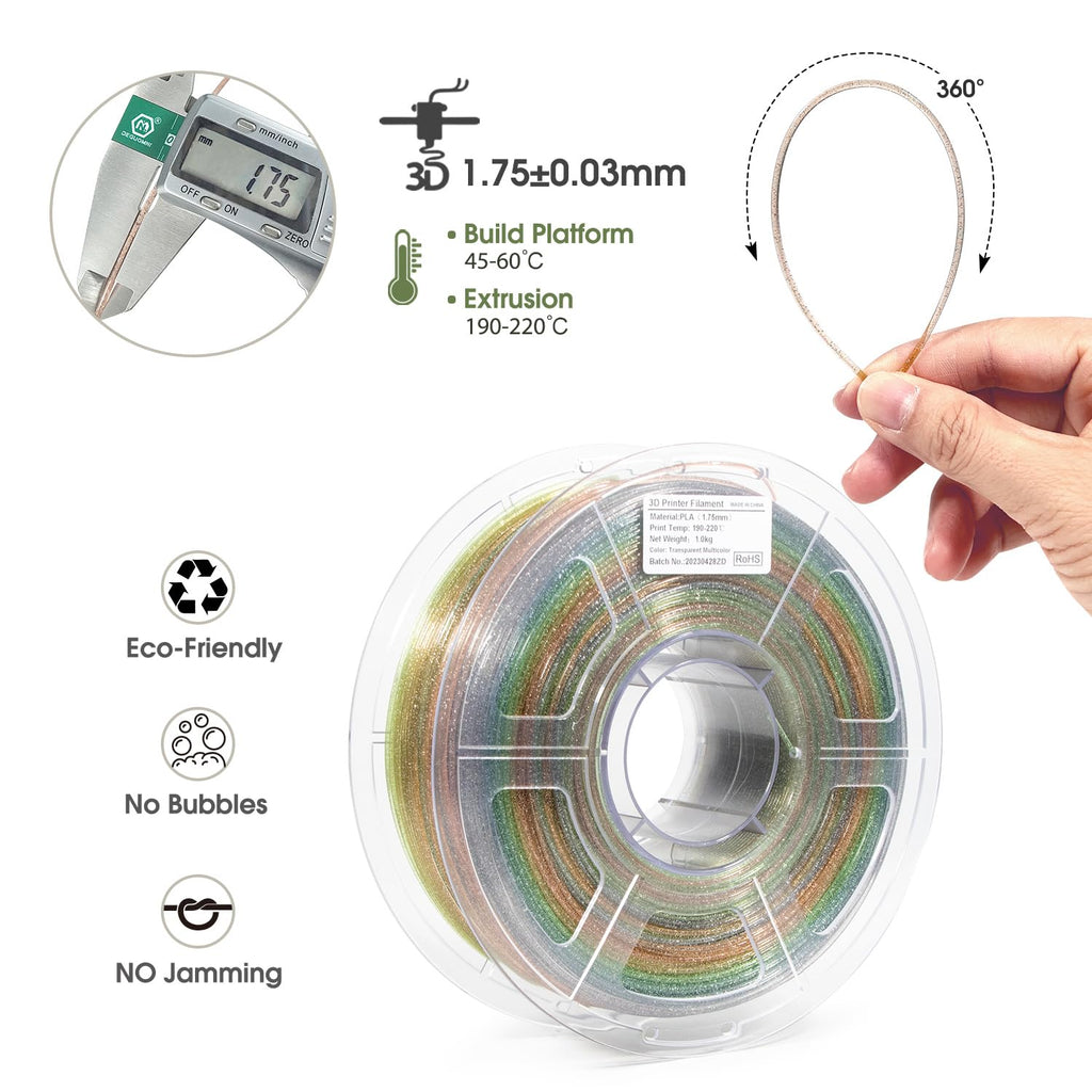 iSANMATE Clear PLA 3D Printer Filament, Transparent Rainbow Glitter Filament, PLA+, 1KG/Spool