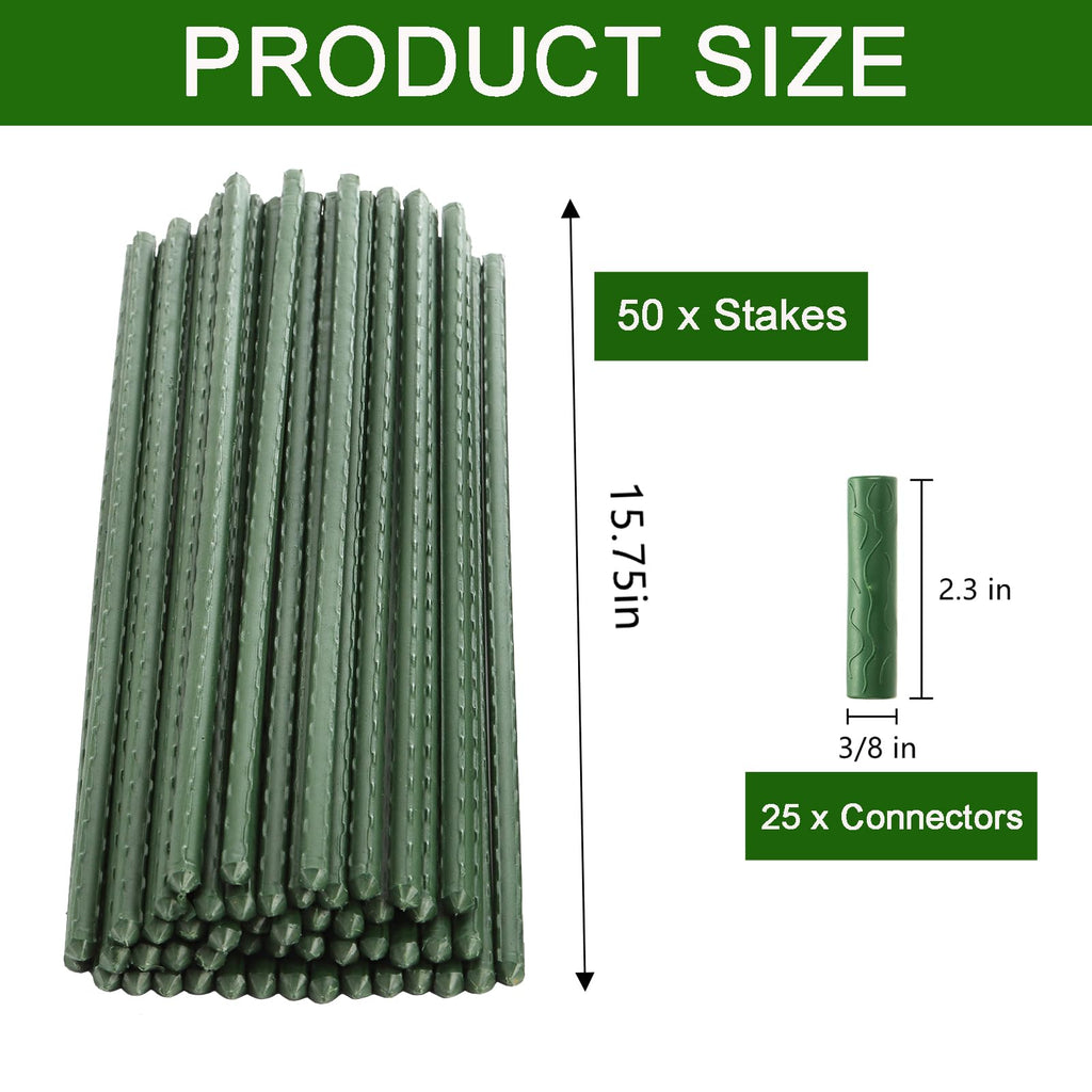 Frcctre 50 Pack 16 Inches Garden Stakes with 25 Connectors, Connectable Plant Support Stakes Plastic Coated Metal Tomato Sticks Plant Climbing Support for Tomatoes, Cucumber, Beans, Potted Plants