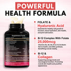 VITBOOST B12 Methylcobalamin with Hyaluronic Acid, Collagen, and Folate – 25000 mcg Supplement Enhance Absorption & Boost Energy | Gluten-Free, Made in USA, B1, B2, B3, B6, B7 Complex - Pack of 2