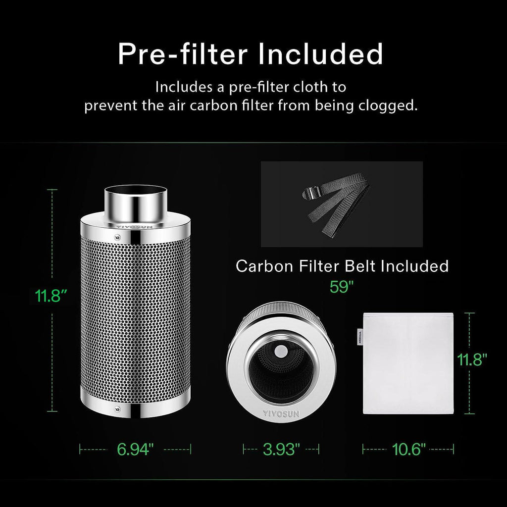 VIVOSUN 4" Carbon Filter & Pre-Filter 223 CFM for Inline Fan, Silver