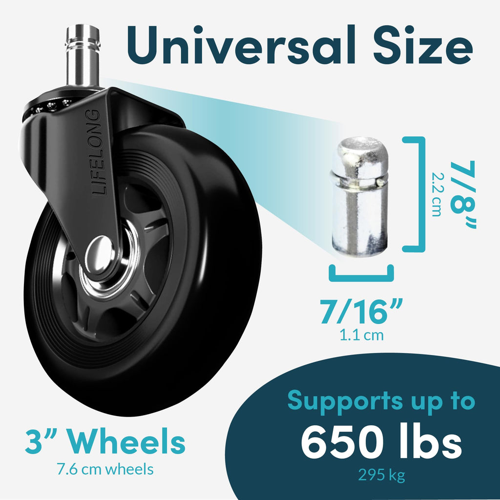 Lifelong Office Chair Wheels Replacement, Heavy Duty, 5-Pack, 98% Fits