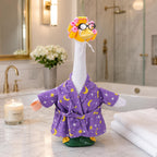 DECOHS 4 Pcs Bathrobe Porch Goose Outfit, Lawn Goose Statue Costume with Star and Moon Print, Yard Goose Bathrobe Curlers Glasses Cup Outfit for 23" Statue Patio Garden Decoration (Purple)