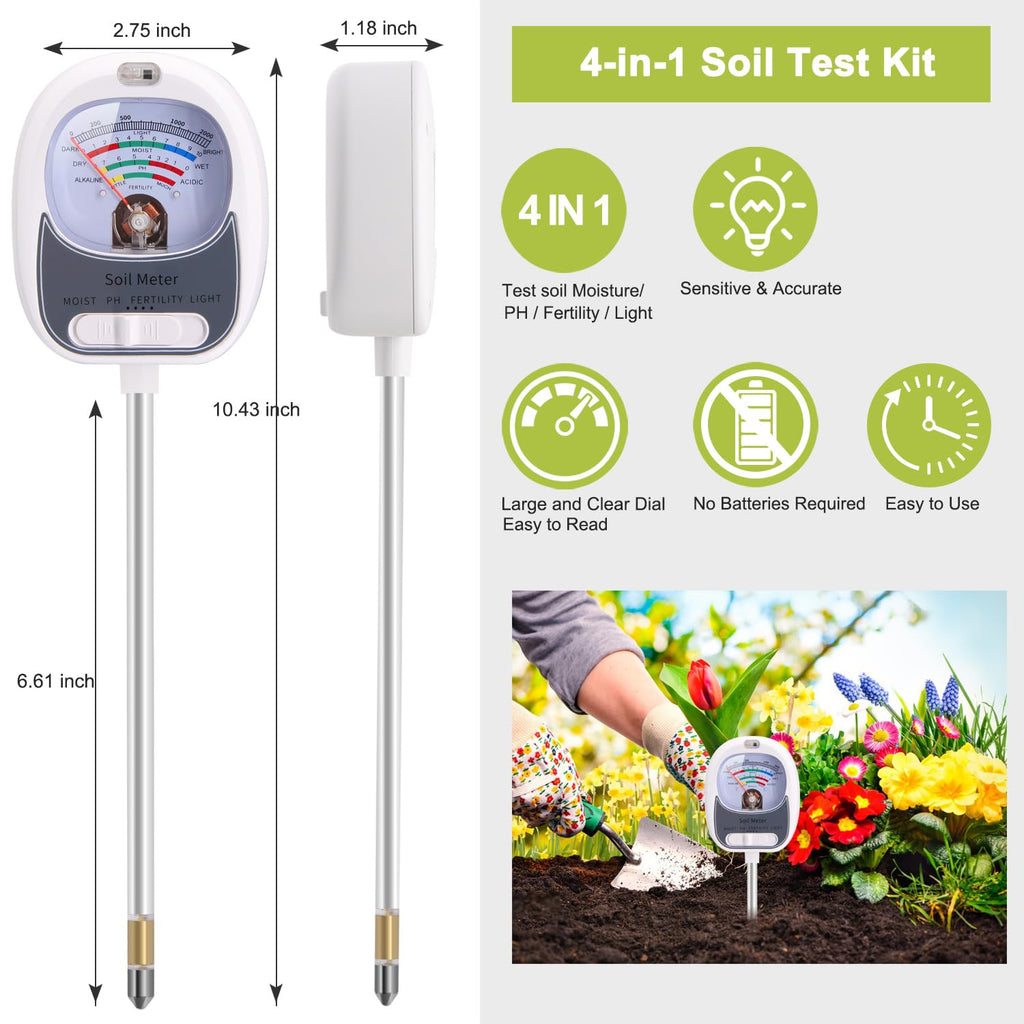 HSLGOVE 4-in-1 Soil Test Kit – Soil Moisture Meter, pH, Fertility & Sun-Light, No Battery Required, Large Dial Soil Tester for Indoor & Outdoor Gardening, Lawn, Farm –Paper White