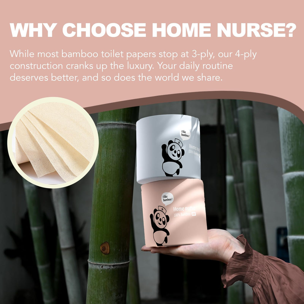 Home Nurse 4-Ply Bamboo Toilet Paper 24 Rolls, Unbleached Septic Safe Toilet Paper, No Lint Strong Absorbent, Chemical Free Eco Friendly Tree Free Bulk Toilet Paper