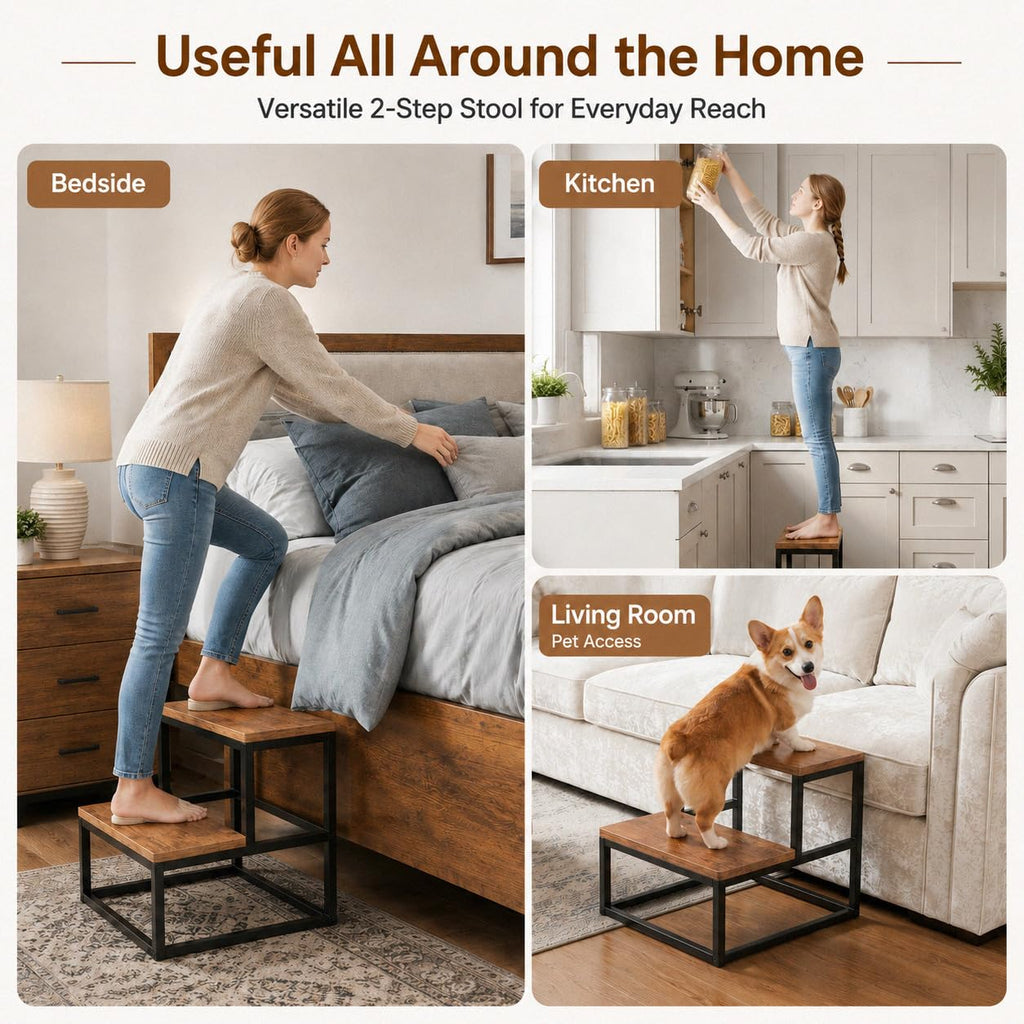 ROMIVO Hot Tub Step Stool, 2 Step Stool for Adults & Kids, 500 lbs Heavy Duty Metal Frame, Wood-Look Bed Steps for High Beds, Kitchen, Bathroom, RV, Covered Spa Area, Rustic Brown