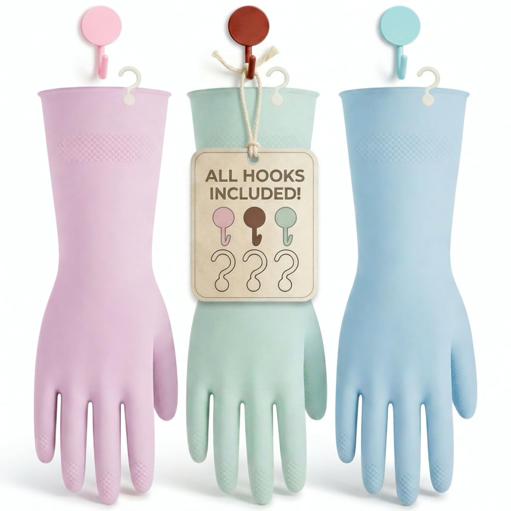 IMARU 3 Pairs Dishwashing Gloves with Hanging Hooks - Reusable Rubber Cleaning Gloves for Household & Kitchen & Gardening, Non-Slip & Waterproof & Durable (Small)