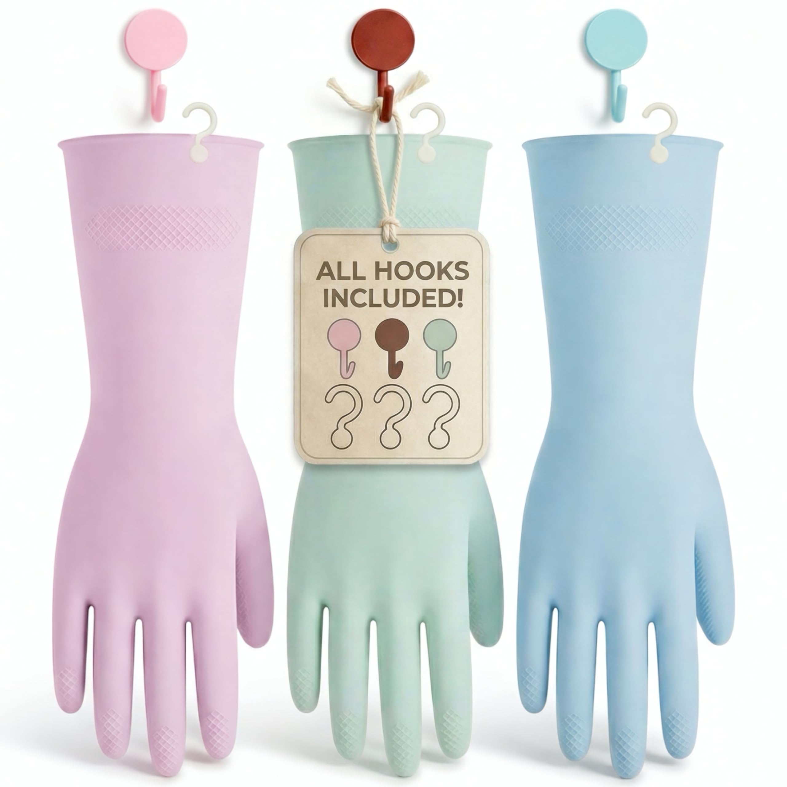 IMARU 3 Pairs Dishwashing Gloves with Hanging Hooks - Reusable Rubber Cleaning Gloves for Household & Kitchen & Gardening, Non-Slip & Waterproof & Durable (Small)