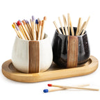 Zoeeker Ceramic Match Holders with Striker - Matchstick Container Set of 2 with Tray for Christmas Bathrooms, Cafes & Modern Homes - Matches NOT Included, Black and White