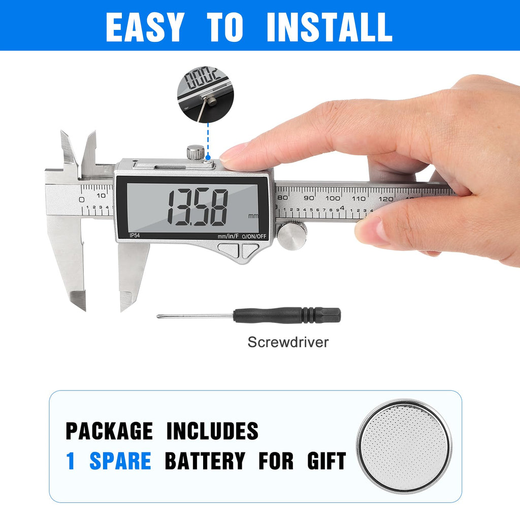 Adoric Digital Caliper, Caliper Measuring Tool Stainless Steel Vernier Caliper Digital Micrometer with Large LCD Screen, Easy Switch from Inch Metric Fraction, 0-6" Caliper Tool for DIY/Household