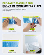 Pre-Taped Masking Film for Painting(4 Rolls) - 22" x 66'Painters Plastic Sheeting with Tape and Drape, Painters Drop Cloth for Automotive & Home, Cover for Walls/Floors/Windows/Cars Protection