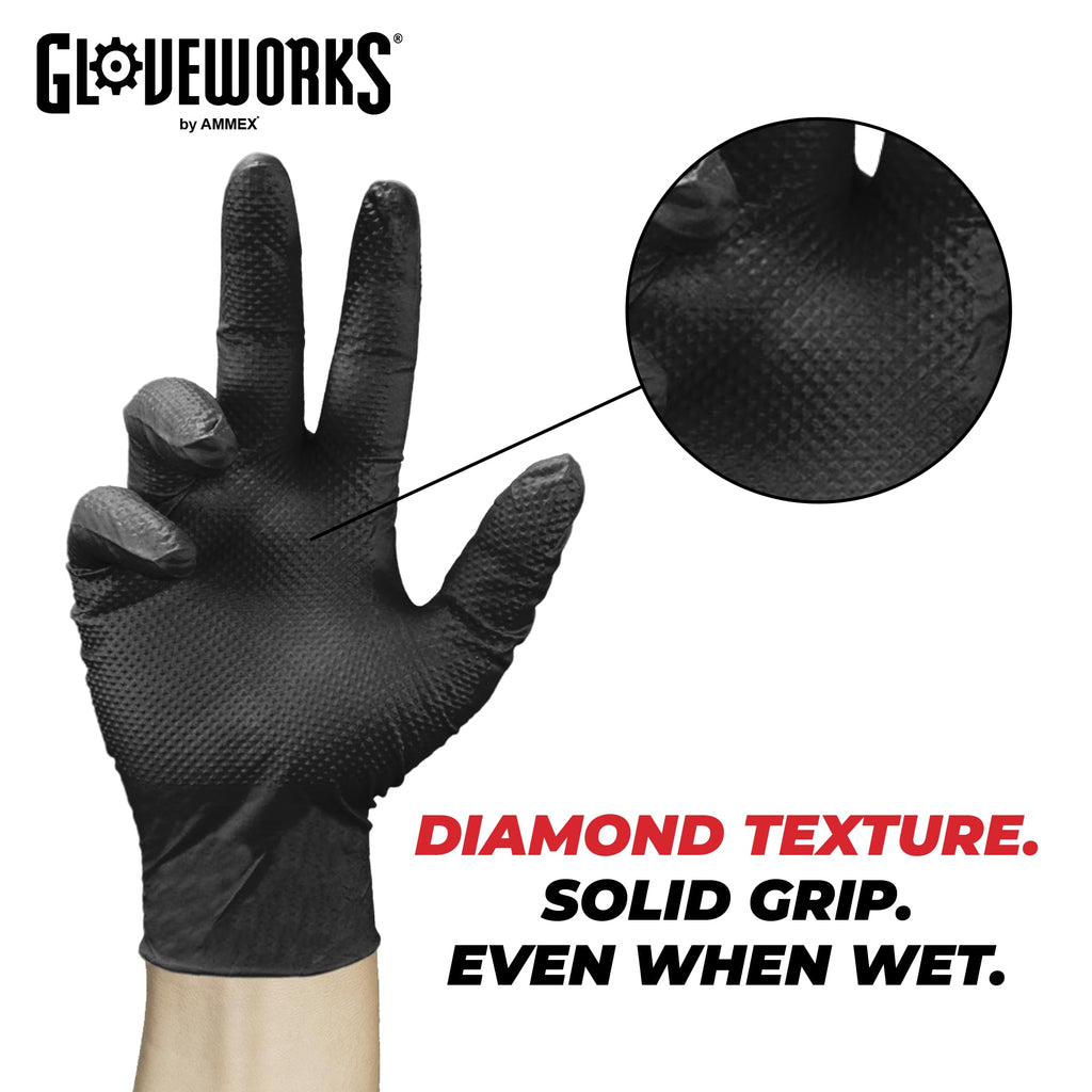 GLOVEWORKS HD Black Nitrile Industrial Disposable Gloves, 6 Mil, Latex-Free, Raised Diamond Texture, X-Large, Case of 1000