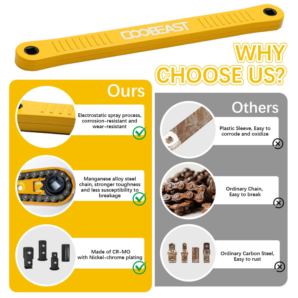 coobeast Offset Extension Wrench Impact Ready Socket Wrench Extender Tool with Versatile 1/4", 3/8", and 1/2" Square Drive Adapters, Universal Extensions Wrench for Small Place, Yellow