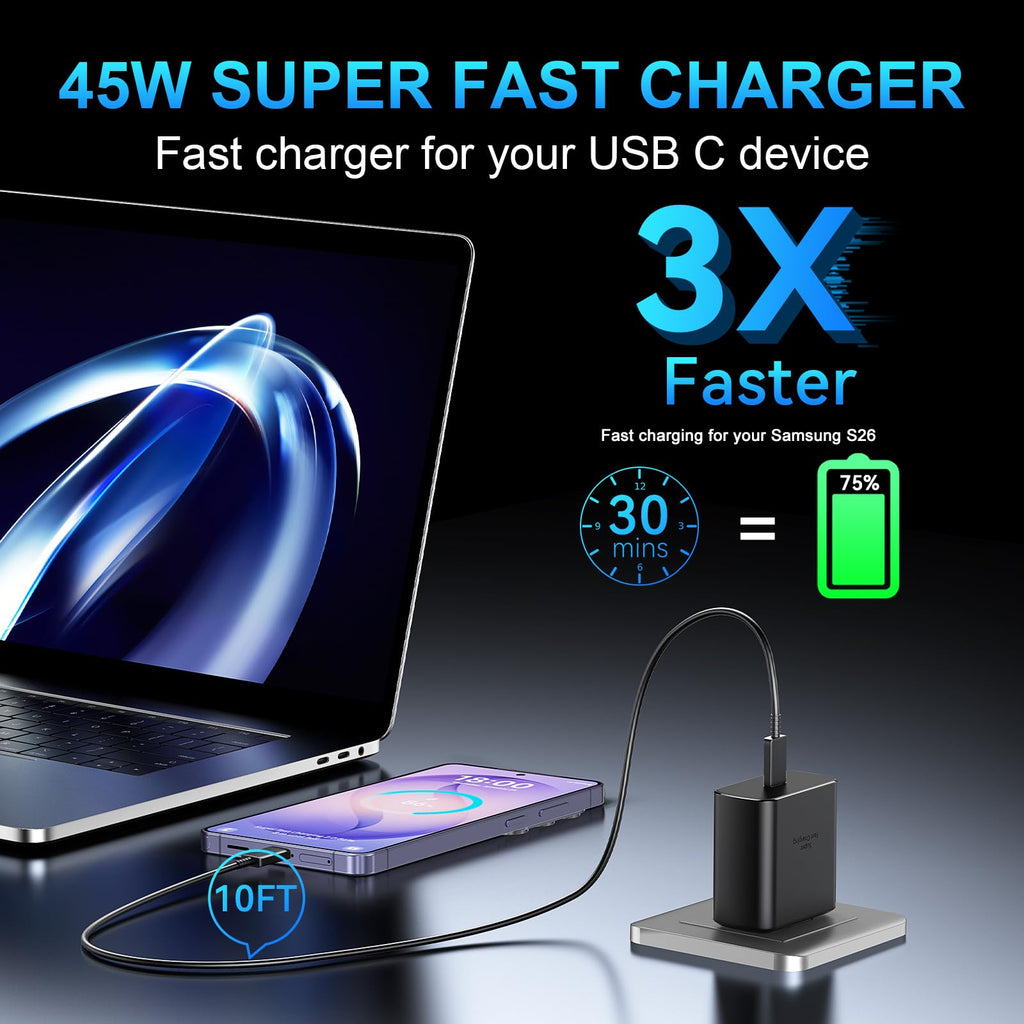 Type C Charger Fast Charging, 45W USB C Fast Charger Block with 10FT Cable