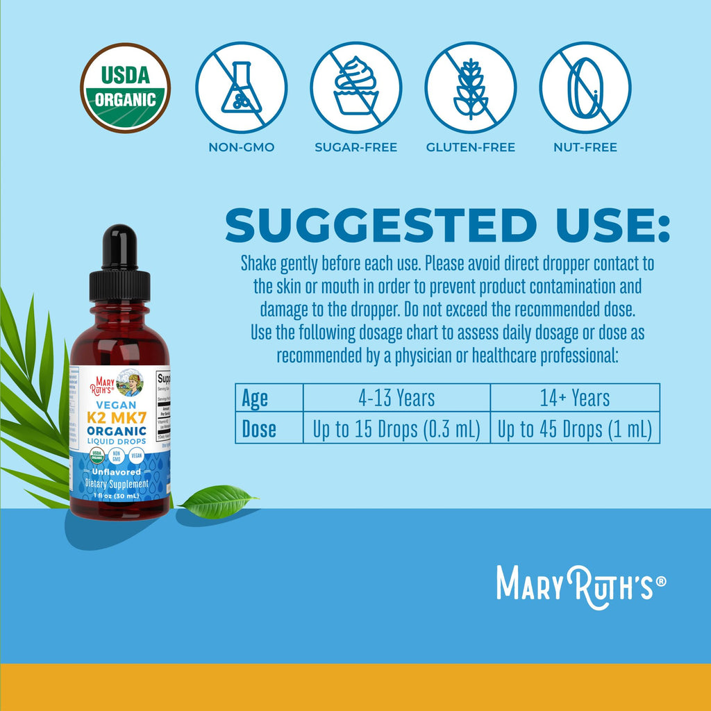 MaryRuth’s USDA Organic Vitamin K2 MK7 Liquid Drops for Adults & Kids | Sourced from Natto | Menaquinone- 7 | Vegan K2 Vitamin for Bone Health & Calcium Absorption | 1oz | Up to 90 Servings