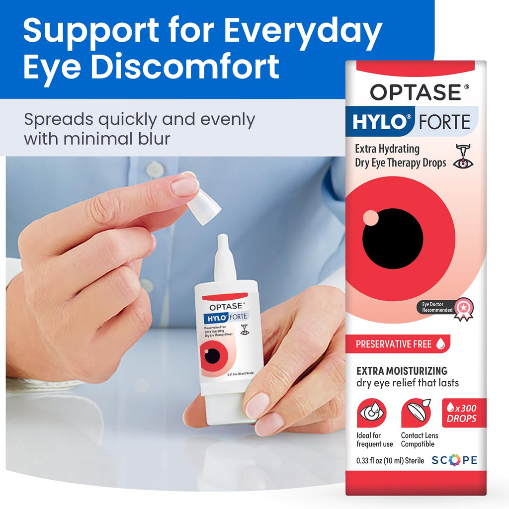 Optase HYLO Forte Dry Eye Drops, Preservative-Free 300 Drops – Extra Moisture – Active Glycerin & Hyaluronic Acid – Contact Lens Compatible – 0.33 fl oz