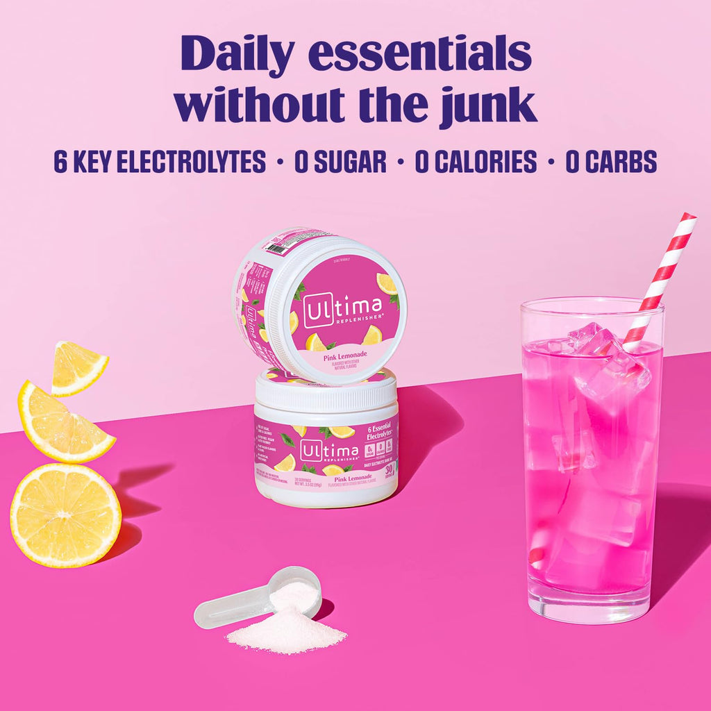 Ultima Replenisher Daily Electrolyte Powder Drink Mix – Pink Lemonade, 30 Servings Canister – Zero Sugar Hydration Powder with 6 Electrolytes & Minerals – Sugar Free, Plant-Based & Keto Friendly