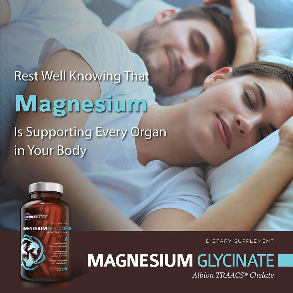 OmniBiotics Magnesium Glycinate Supplement – with 100% Pure Albion TRAACS Bisglycinate Chelate for Sleep, Muscle, Nerve & Heart Health – 120 Vegan Capsules