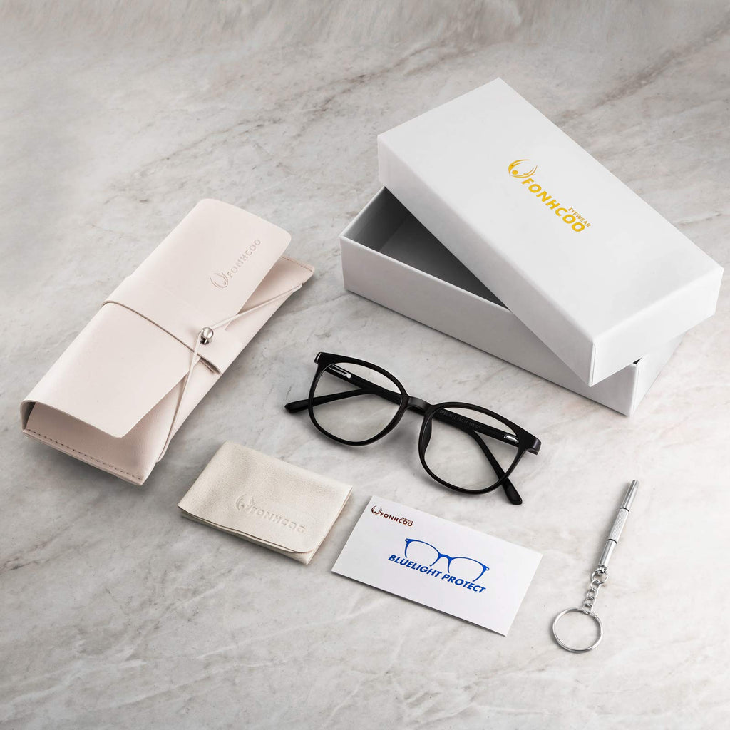 FONHCOO Blue Light Blocking Glasses Fashion Round TR90 Frame Transparent Eyewear Anti UV Computer Glasses for Women Men (Black)